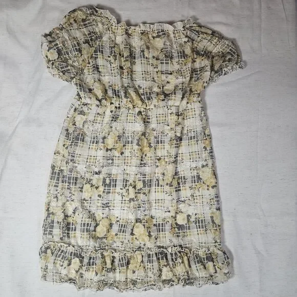 Mini Milkmaid Babydoll Puff Sleeve Dress M Sheer Lace Floral Plaid Twee Yellow - Picture 12 of 12